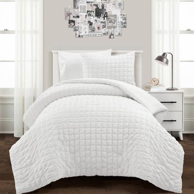 3pc King Crinkle Textured Dobby Comforter & Sham Set White - Lush Dcor: Microfiber, Machine Washable, Year-Round