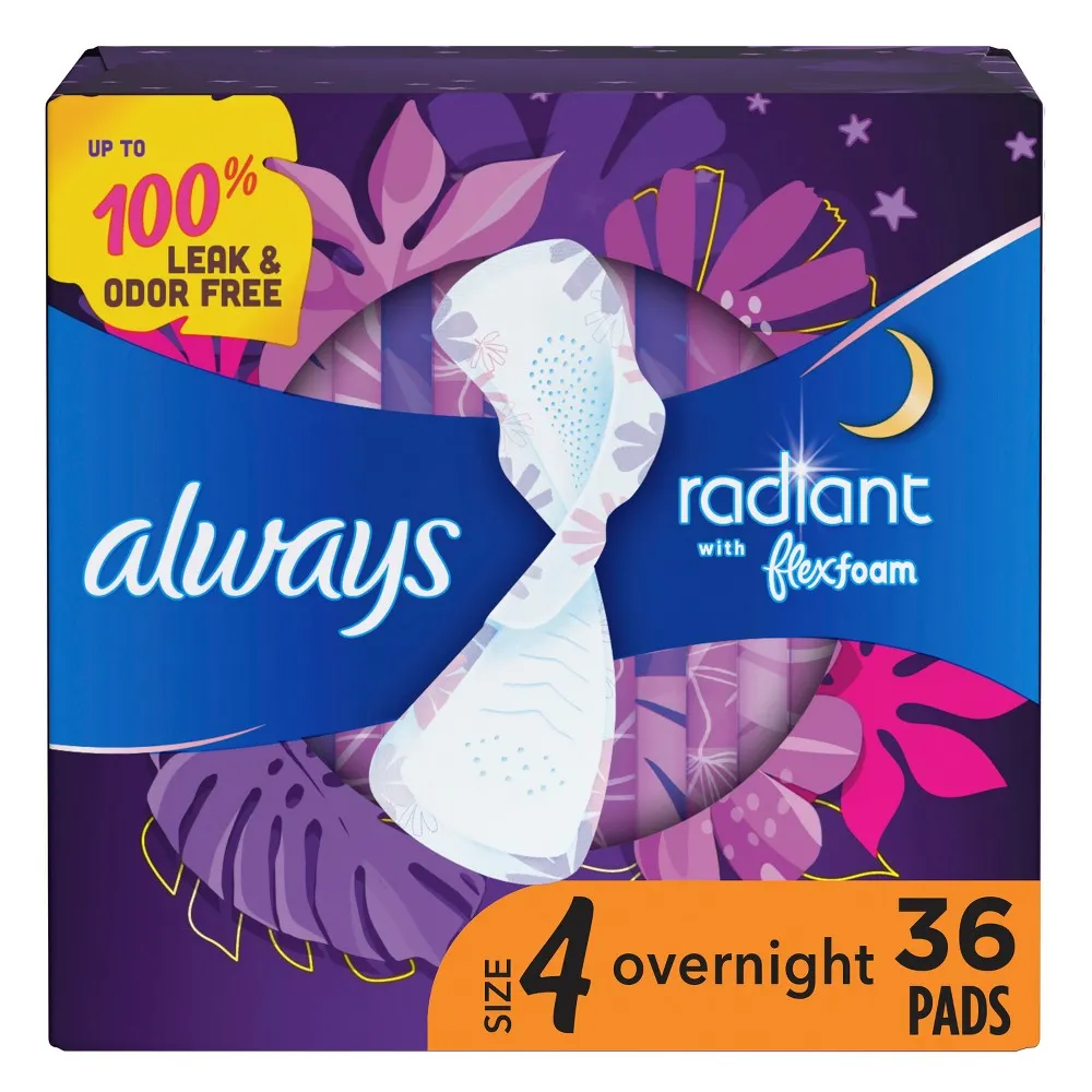 Always Maxi Pads Overnight Absorbency Unscented with Wings - Size 4 - 33ct