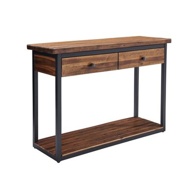 Claremont Rustic Wood Console Table with Two Drawers and Low Shelf Dark Brown - Alaterre Furniture: Industrial Style, Metal Frame, Entryway Storage