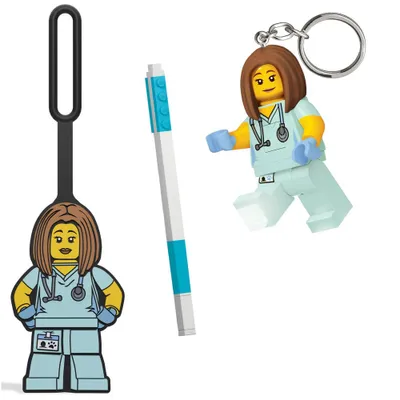 LEGO Nurse Gel Pen Blue Ink with Bag Tag & Keychain Gift Set: Minifigure Keychain, 0.07mm Point, Art Stationery