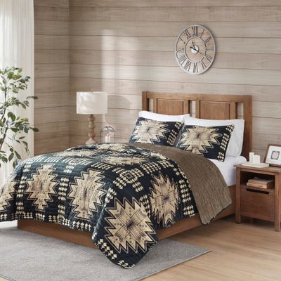 3pc Full/Queen Sierra Oversized Print Plush Coverlet Set Tan/Black: Woolrich Microplush Bedding Set with Shams