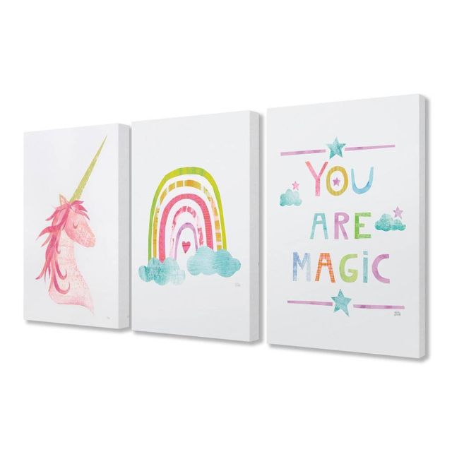 3pc 16x1.5x20 You Are Magic Rainbow & Unicorn Stretched Kids Canvas Art Set: Unicorn Decorations