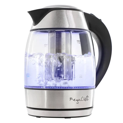 MegaChef 1.8L Glass Body and Stainless Steel Electric Tea Kettle with Tea Infuser Clear/Silver: 1000W, Overheat Protection, 360 Base