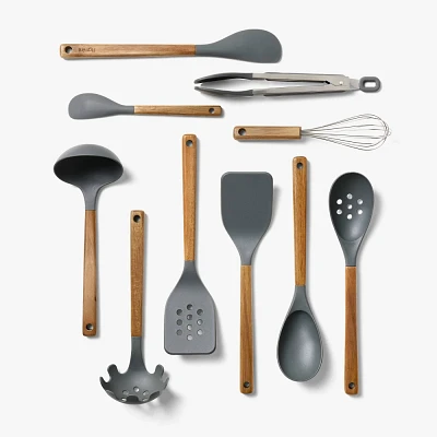 10pc Wood/Nylon Kitchen Utensil Set Gray - Figmint