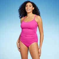 Womens Shirred Front Keyhole Back High Coverage One Piece Swimsuit with Tummy Control