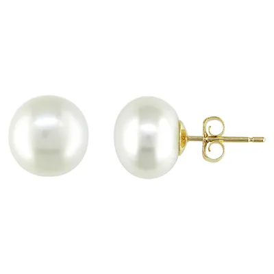 Womens Freshwater Pearl Button Stud Earrings - White