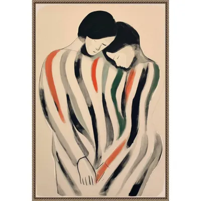 23x33 Intimate Embrace Man and Woman by Tree Child Framed Canvas Wall Art Print Bronze - Amanti Art