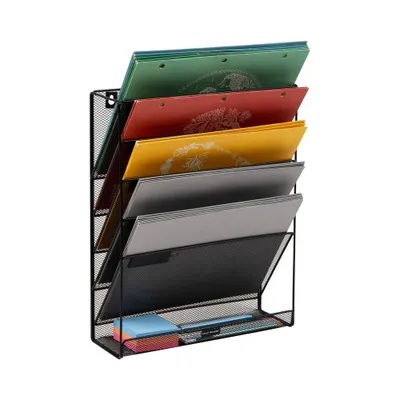 4 Tier Wall Mounted Mesh Document Holder Black - Mind Reader: Office Supplies & Desk Organizer, Metal Wall Organizer