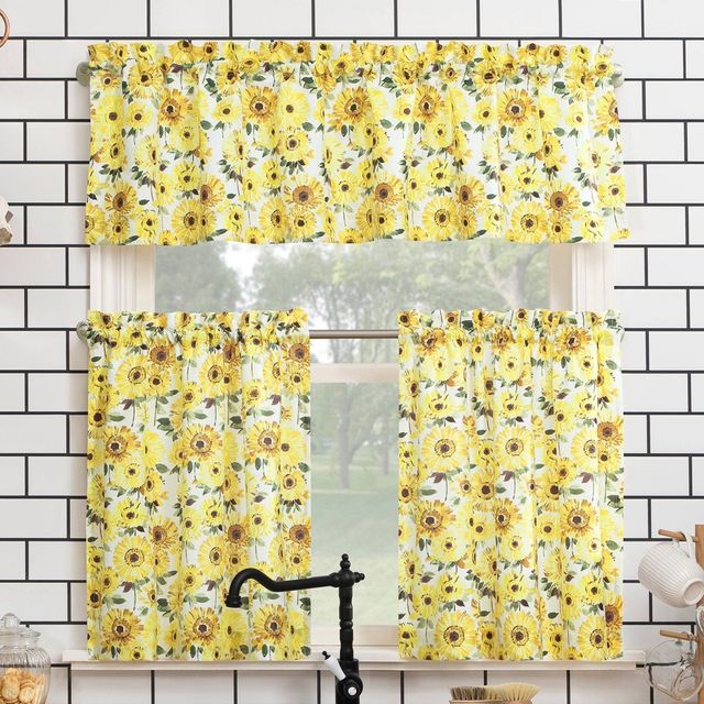 24x54 Sunflower Print Semi Sheer Rod Pocket Kitchen Curtain Valance and Tiers Set Yellow - No. 918