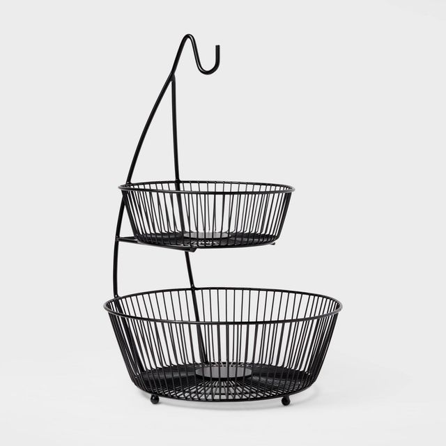 Iron Wire 2-Tier Fruit Basket wire Banana Hanger Black - Threshold: Traditional Iron Fruit Stand with Banana Hook