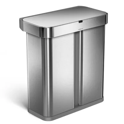 simplehuman 58L Dual Compartment Voice + Motion Sensor Kitchen Trash Can Recycler with Liner Pocket Stainless Steel