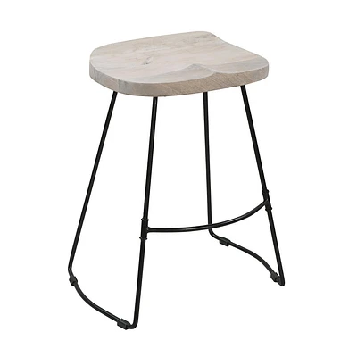 The Urban Port 24 Backless Counter Height Barstool Whitewashed Mango Wood Saddle Seat Black Metal Base White/Black