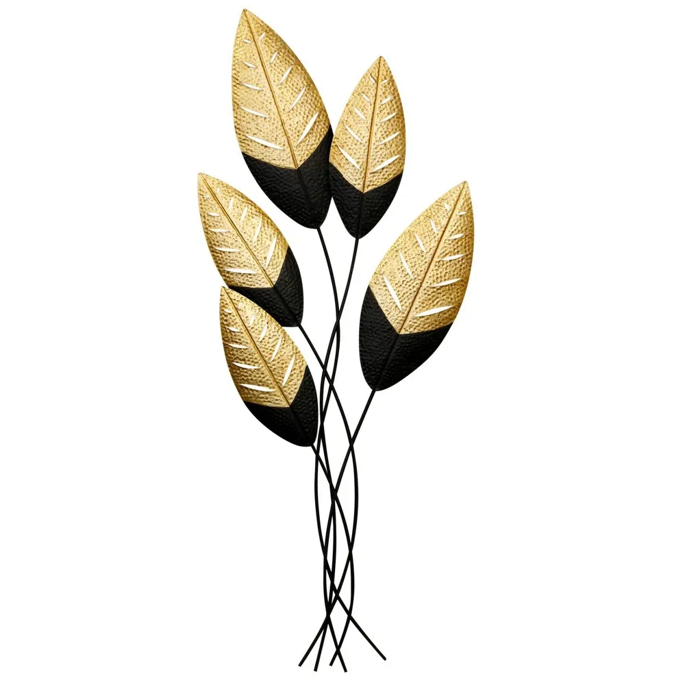 Metal Wall Sculpture Black/Gold - StyleCraft: Iron Leaf Design, Modern Decor, Vertical Orientation