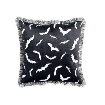 18x18 Swarm of Bats Halloween Square Throw Pillow Black - Lush Dcor: Velvet Fringe, Indoor Decoration