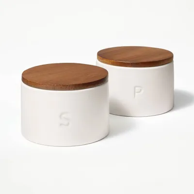 Set of 2 Stoneware Salt and Pepper Cellar with Wood Lid Cream - Figmint