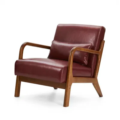 Mid-Century Modern Leatherette Arm Accent Chair Walnut Rubberwood Frame Burgundy - Glitzhome: Upholstered, 300lb Capacity