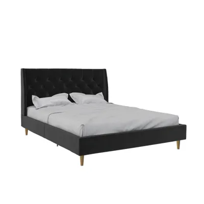 Queen Her Majesty Upholstered Bed Black Velvet - Paris Hilton X The Novogratz: Diamond Tufted, Wingback Design