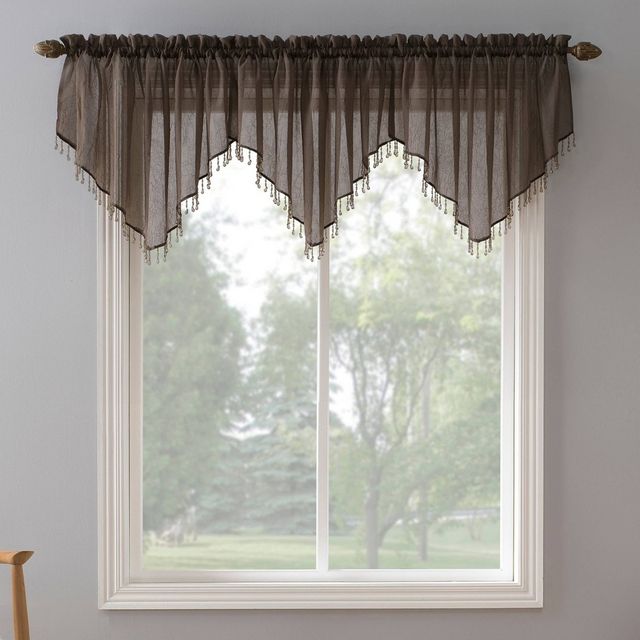 24x51 Erica Crushed Voile Ascot Beaded Sheer Rod Pocket Window Valance Cocoa Brown - No. 918