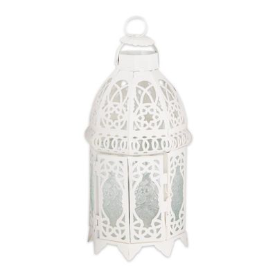 12 Iron Lattice Outdoor Lantern  - Zingz & Thingz: Elegant Metal Cutouts, Hinged Glass Panels, Tabletop Decor