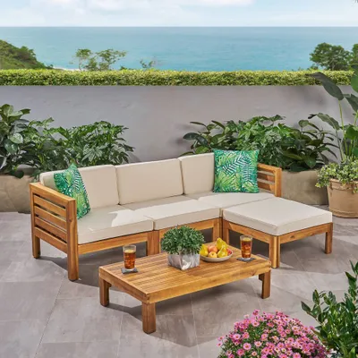 Cambridge 5pc Acacia Wood Patio Sofa Set - Teak/Beige - Christopher Knight Home: Outdoor Conversation Furniture Set