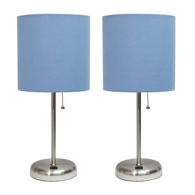 Creekwood Home Set of 2 Contemporary Bedside Brushed Steel Table Lamps with USB Port Blue Shade