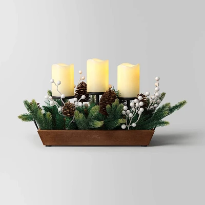 10.75x16 3pc Christmas Flameless Pillar Candle and Black Holder in Wood Tray with Faux Greenery - Wondershop