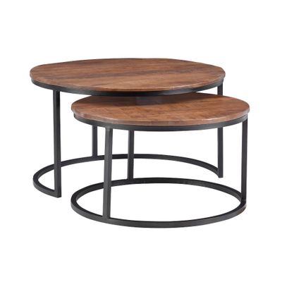 Powell Woodruff Mixed Material Hand Carved Wood and Metal Round Nesting Coffee Table : Includes 2 Accent Tables, No Assembly Required