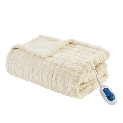 Beautyrest 50x70 Marselle Oversized Faux Fur Heated Throw Ivory Texture