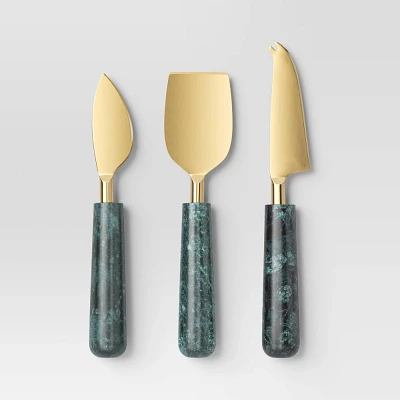 3pc Stainless Steel Cheese Knife Set with Green Marble Handle - Threshold