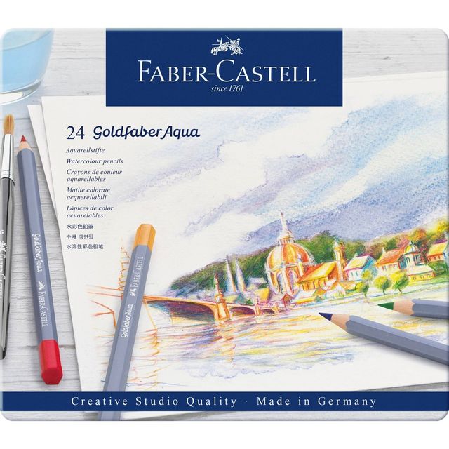 Faber-Castell 24ct Goldfaber Watercolor Pencil Tin: Multicolor, Non-Toxic, 3.3mm, Art & Stationery, Ages 10+