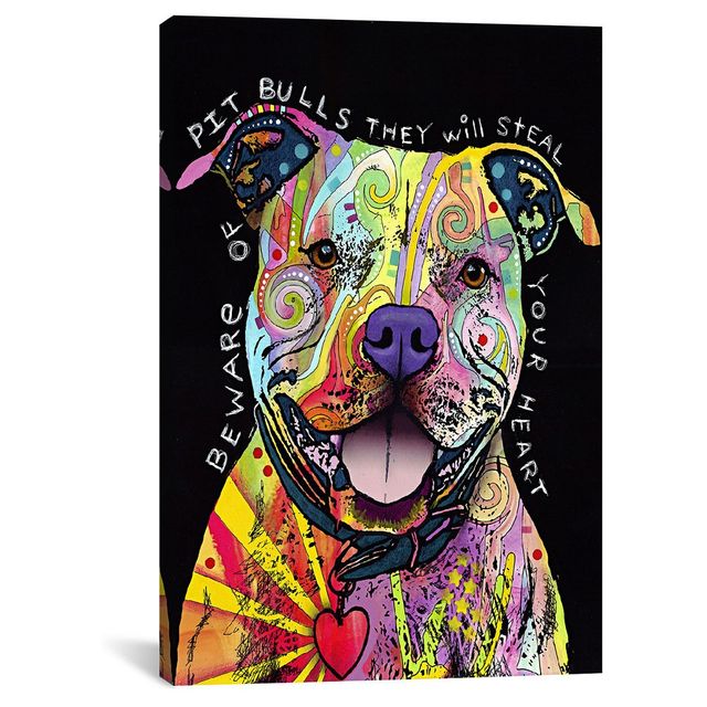 iCanvas 18x12x0.75 Beware of Pit Bulls by Dean Russo Unframed Wall Canvas : Cotton & Wood, Vertical Graffiti Art