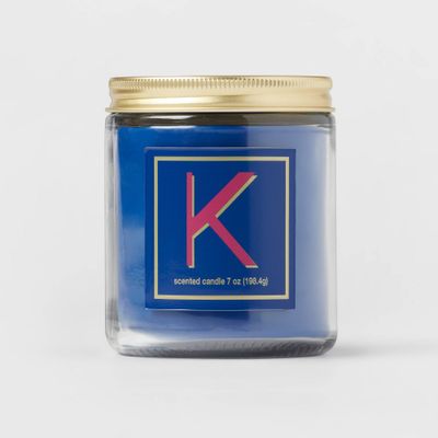 7oz Scented Monogram Letter K Candle with Gold Matte Lid Royal Blue - Opalhouse