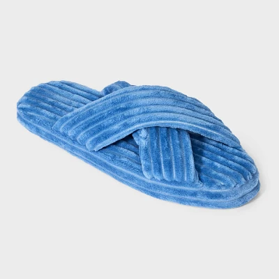 Women Pluh Corduroy Cro Over Slide Slipper Sock with Memory Foam Sole & Gripper - Auden Blue M/L