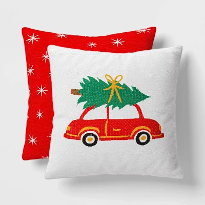 2pk Square Christmas Tree On Car Jacquard Chenille Pillow Ivory/Red - Wondershop