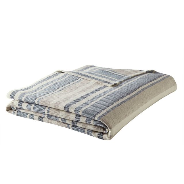 Eddie Bauer  Herringbone Stripe Bed Blanket Blue: Cotton, Lightweight, OEKO-TEX Certified