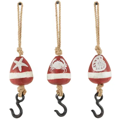 Set of 3 Wood Buoy Wall Decors with Jute Rope and Metal Hook Red - Olivia & May: Coastal Style, Vertical Hangings