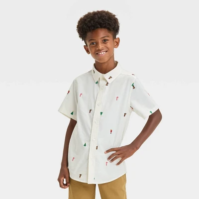 Boy Short Sleeve Chritma Embroidered Poplin Button-Down Shirt