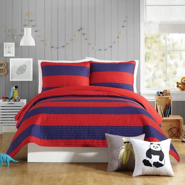 2Pc Twin Lavelle Kids Quilt Set Red - Urban Playground: Kids Bedding, Rugby Stripe, Polyester, Twin Quilt & Sham