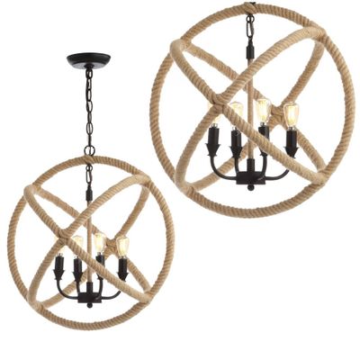 20 LED Metal/Rope Adjustable Globe Chandelier Black/Brown - JONATHAN Y: UL Listed, Edison-Style Bulbs