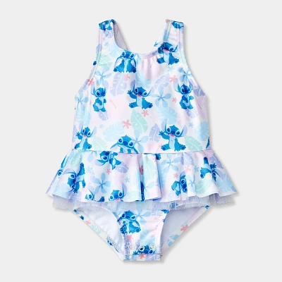 Baby Girls Disney Stitch Floral Ruffle One Piece Swimsuit
