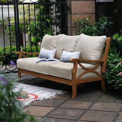 Abbington Teak Patio Sofa with Cushion: Weather-Resistant, 3-Seater - Cambridge Casual