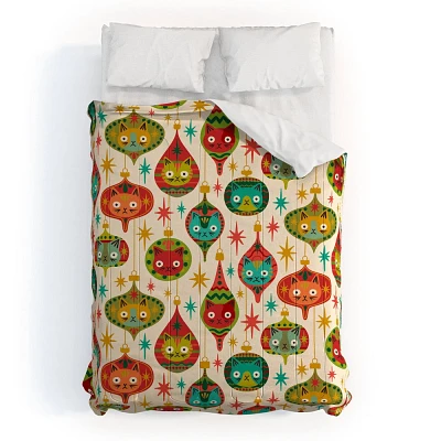 Deny Designs Full/Queen carriecantwell Meowy Christmas Comforter and Pillow Sham Green