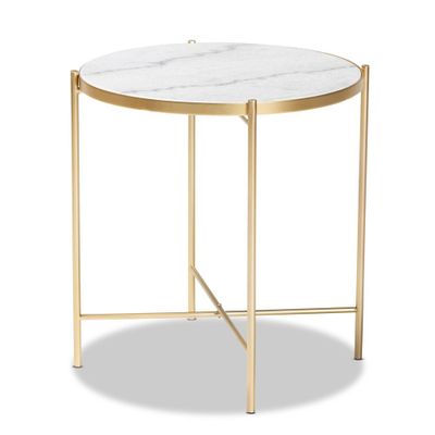 Maddock Metal End Table with Marble Top: No Assembly, Round Side Table - Baxton Studio