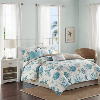 Madison Park 7pc  Ocean View Cotton Sateen Comforter Set Aqua: Includes Bed Skirt & Decorative Pillows