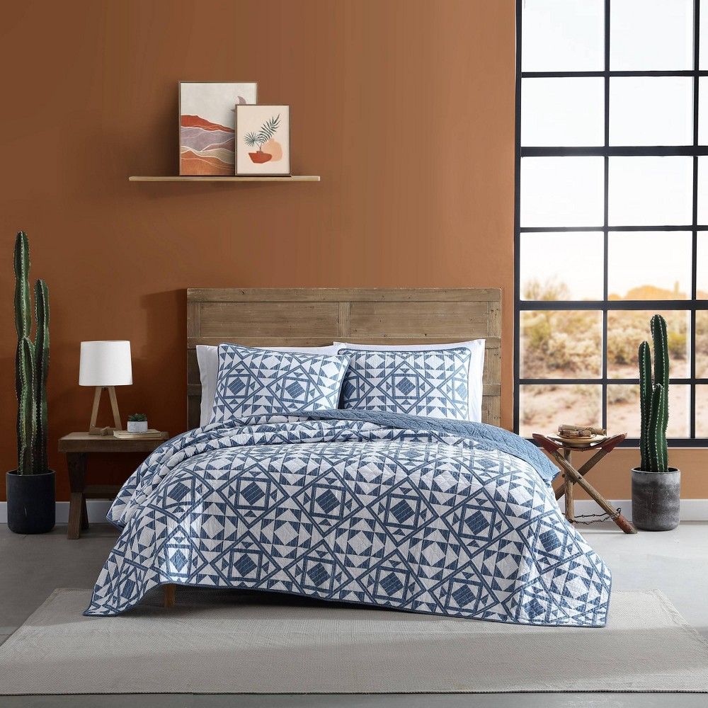 3pc  Phoenix Patchwork Cotton Quilt Set Navy - Wrangler: Geometric Design, Machine Washable, Includes 2 Shams