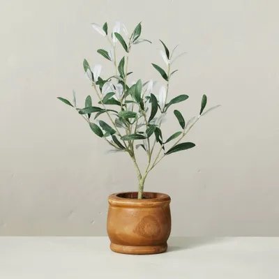 16 Faux Olive Leaf Plant - Hearth & Hand with Magnolia: Indoor Polyester Greenery in Wooden Pot, Farmhouse Decor