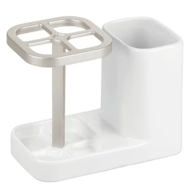 iDESIGN Sedona Dental Center Satin White/Nickel: Ceramic Hand Wash Organizer for Bathroom Countertop