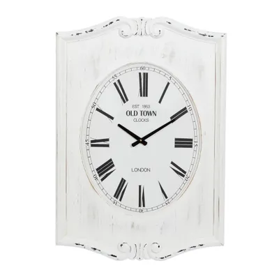 31x22 Wood Floral Carved Distressed Wall Clock White - Olivia & May: Silent, Rectangular, Farmhouse Style