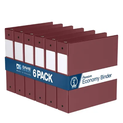 Davis Group 6pk 2 Premium Economy Round Ring Binders Burgundy: Hard Cover, 400 Sheet Capacity, 2 Pockets, Polypropylene