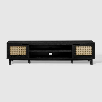 Modern Boho Storage TV Stand with Rattan Doors for 80 Screens: Media Console - Saracina Home